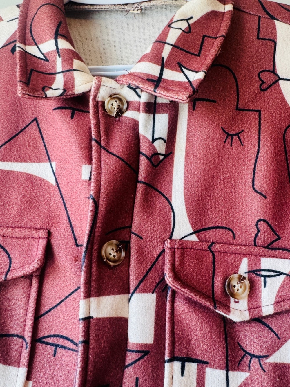 Button-Front Maroon Abstract Print Shirt Jacket - Picture 4 of 8